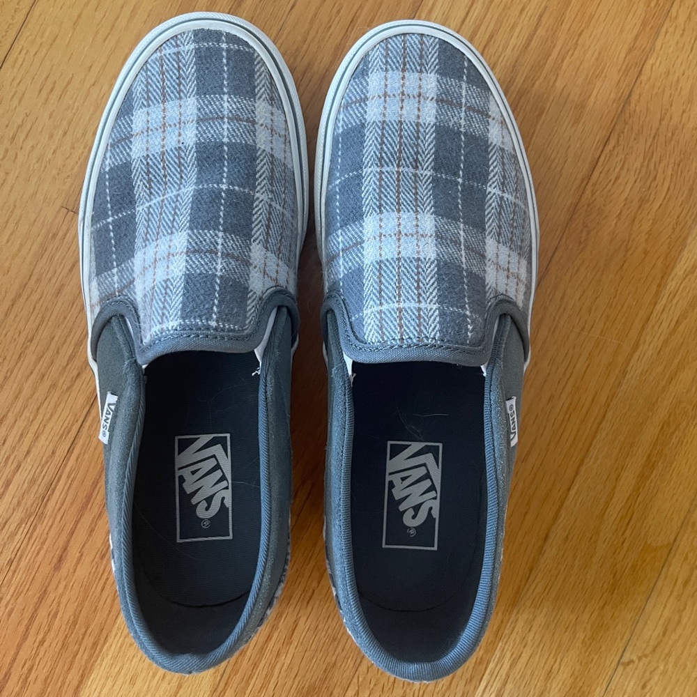 Vans Gray and White Plaid Slip-On Sneakers